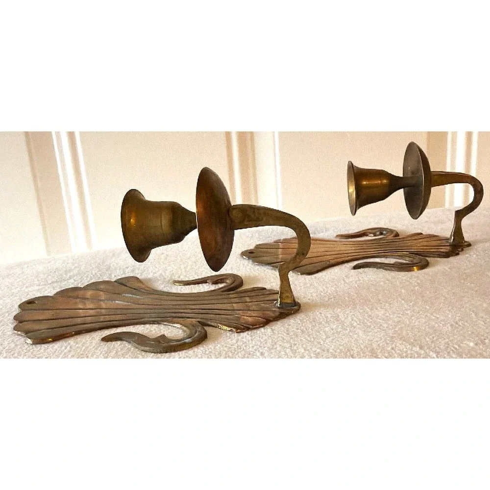 Vintage Brass Candle Wall Sconce Pair Shell MCM Hollywood Regency Cottage Core